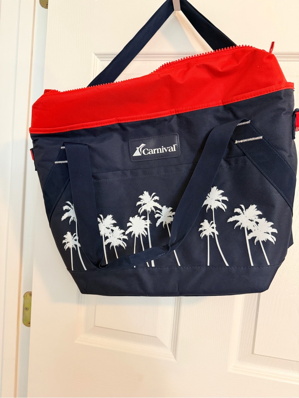 Carnival cruise cooler. Navy and Red Palm-Print Tote Bag